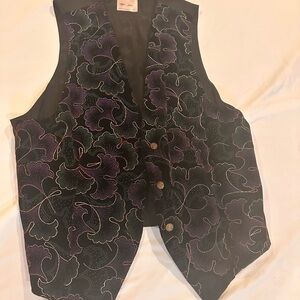 TanJay Vintage  Black Vest with Purple and Green Embroidery